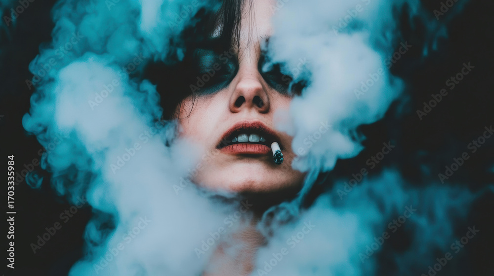 Fototapeta premium A woman with dark makeup smokes a cigarette surrounded by thick clouds of smoke, creating a haunting, dramatic atmosphere that symbolizes addiction, danger, and the toxic impact of smoking.