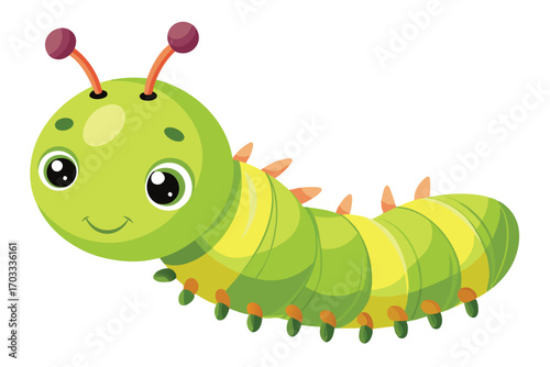 Smiling green caterpillar with vibrant yellow accents features cute antennae on a transparent backdrop