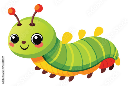 Adorable green caterpillar with bright antenna and sweet smile crawls across transparent background happily