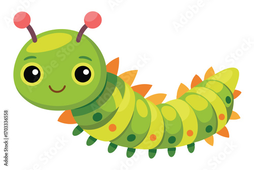 Cute green caterpillar smiles with its big eyes and tiny orange spikes on white