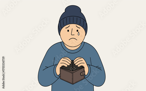 Sad person holding a wallet with a single tear in their eye