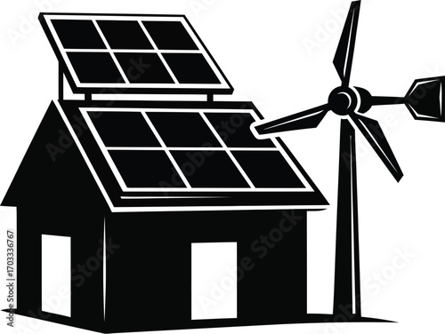 Silhouette of a house with solar panel and wind turbine, represents sustainable living and renewable energy