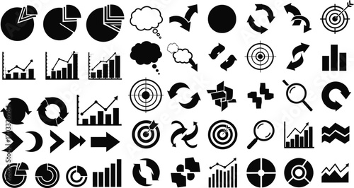 Collection of business and data analysis icons in silhouette, perfect for presentations and reports