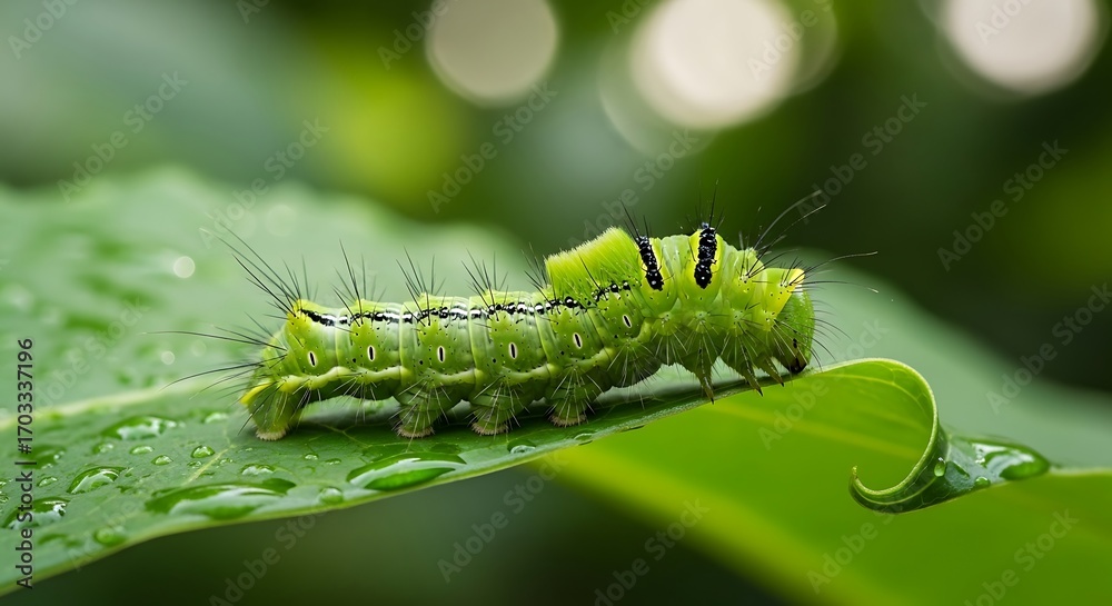 Naklejka premium Green Caterpillar Crawling on a Leaf.