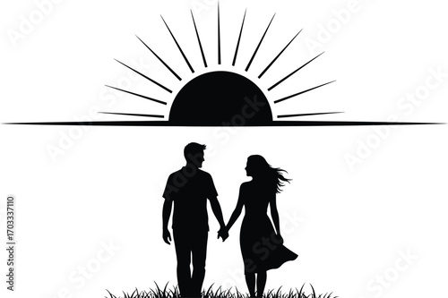 Silhouette of a couple holding hands walking towards sunset, symbolizing love, togetherness, and a bright future