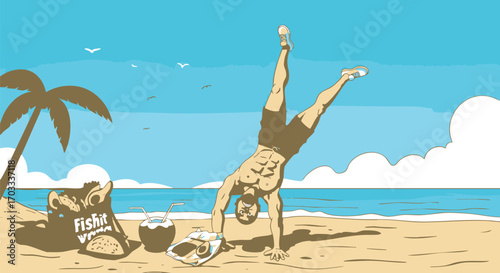 Illustration of a fit man performing a handstand on a sandy beach, embodying a healthy and active summer lifestyle