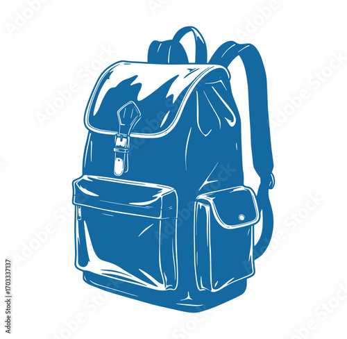 Vector illustration of a detailed blue and white backpack against a clean white background