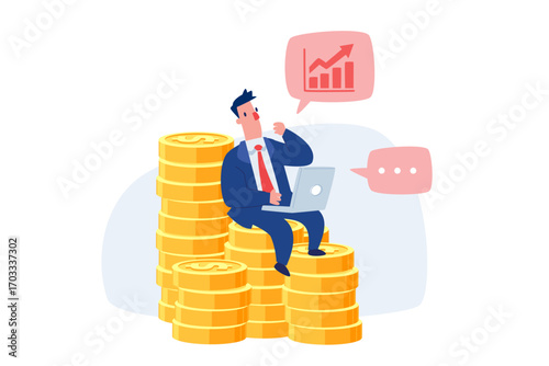 businessman planning investment strategy on stack of gold coins
