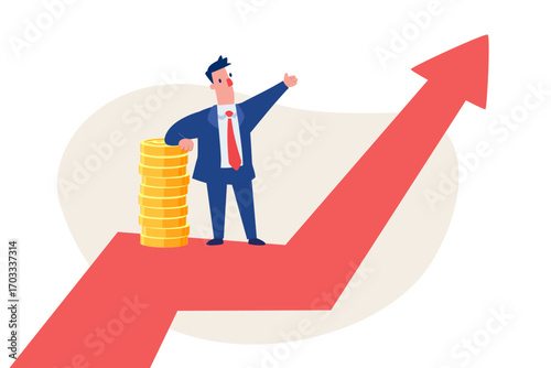 businessman with gold coins standing on rising arrow graph
