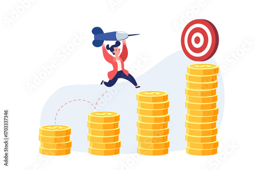businesswoman holding dart jumping on gold coins to higher target