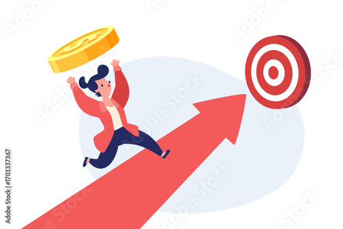 businesswoman carrying gold coin running on rising arrow to goal