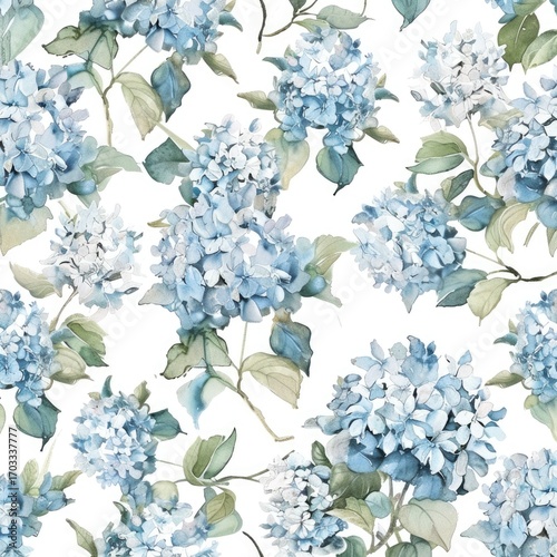 Watercolor floral pattern featuring light blue hydrangeas with green leaves on a white background.  The design is a repeating seamless pattern ideal for fabric or wallpaper