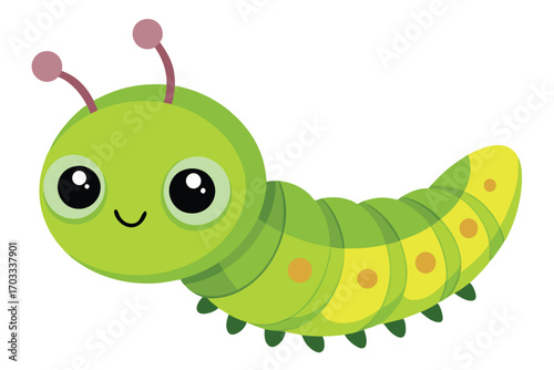 Cheerful light green caterpillar smiles softly with huge eyes and two light brown antennas, transparent background