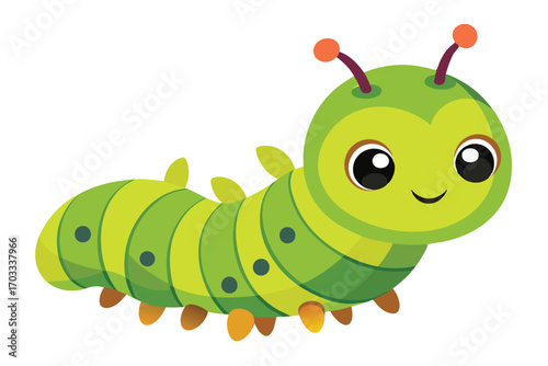 Cheerful cartoon green caterpillar with large eyes smiling on a white background
