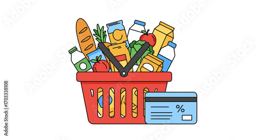 Shopping basket full of groceries with a credit card.