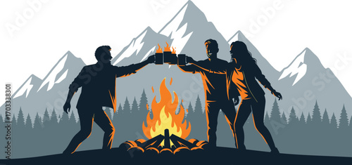 Friends toasting drinks by campfire in mountains, enjoying nature and friendship, creating memories and celebrating life, vector illustration