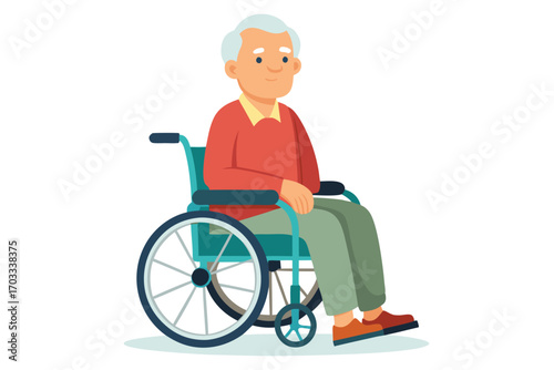 Mature white man sits calmly in a blue wheelchair against a transparent background