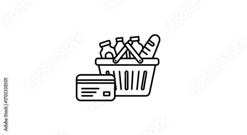 Shopping basket with food and credit card, outline icon.