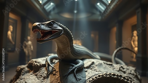 A fossilized two-headed serpent emerging dramatically from stone under museum lighting, evoking ancient mysteries.