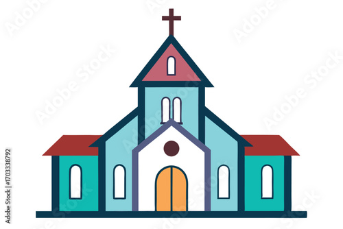 Cute church shows light blue architecture with a brown cross and light orange doors