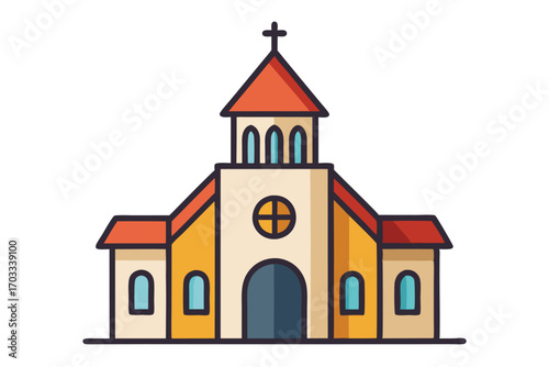 Quaint church with red roof and arch windows shows architectural charm, transparent background