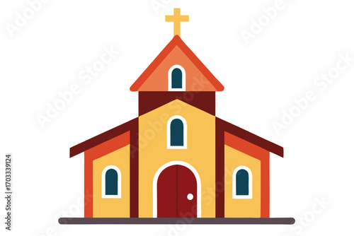 The simple yellow church stands prominently with its red roof and cross emblem against transparent background