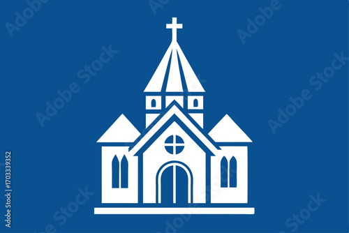 Clean white minimalist church icon featuring a cross on top against blue background