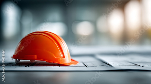 Construction planning with orange safety helmet on blueprints in a well-lit office setting