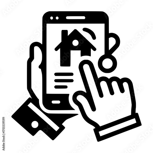 Smart home icon with smartphone and hand touch gesture black vector icon with transparent background 