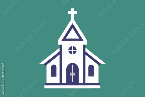Simple white church featuring a cross stands against a plain teal backdrop