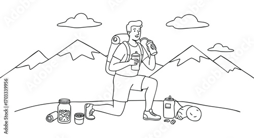Man on a mountain trail taking a nutritional break with various supplements, contour drawing for health and wellness concepts