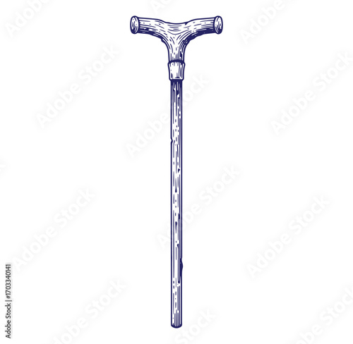 Vintage hand drawn illustration of a walking cane for support and mobility