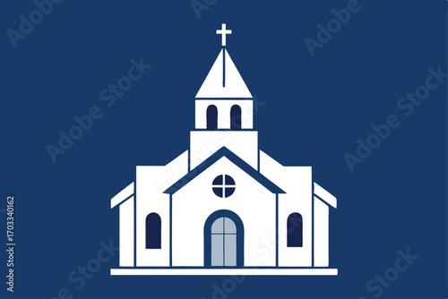 Minimalist white church building stands elegantly against a simple dark blue background scene