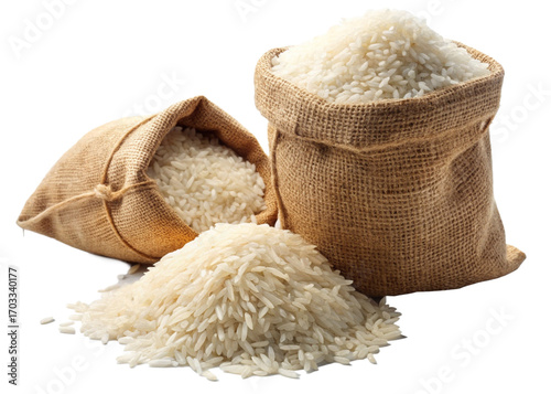 White rice with rice bag isolated on a white or transparent background