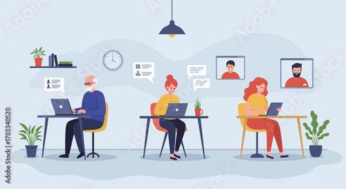 Three people are working on laptops at desks in a bright office, with two colleagues visible on video calls in the background.