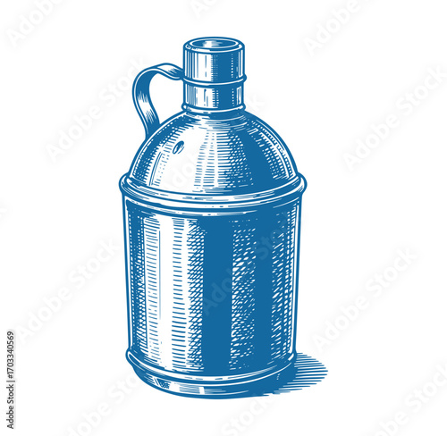 Vintage hand-drawn illustration of a blue metal water canteen on white background