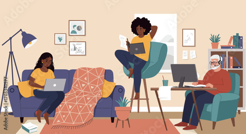 Three diverse individuals work and relax from home, utilizing laptops and computers in a comfortable living space.
