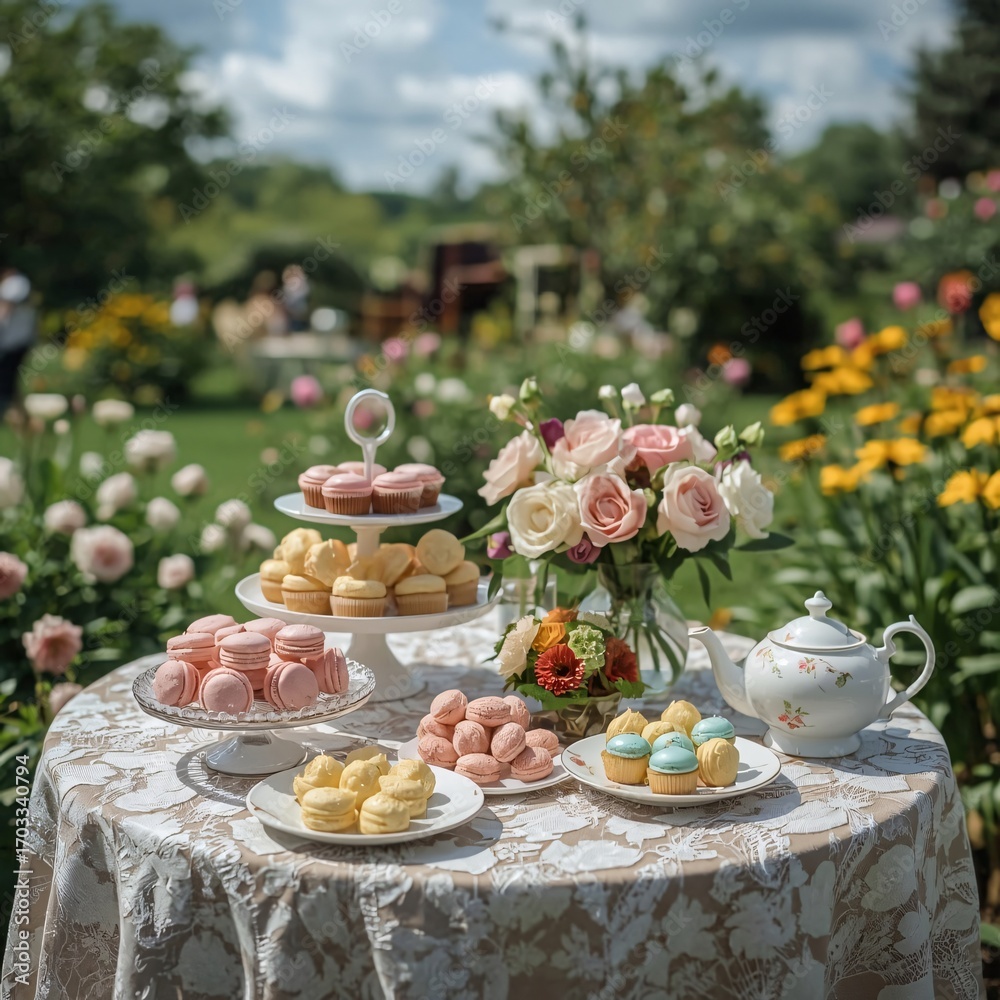Naklejka premium Delicate pastel-colored desserts arranged on wooden garden table 
