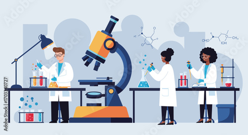 Diverse scientists working in a laboratory setting, using microscopes and beakers, conducting experiments.