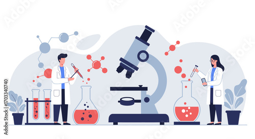Scientists conduct research in a lab, using microscopes and beakers filled with red liquid.