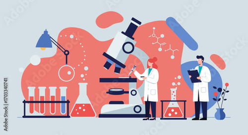 Scientists conduct research using a microscope and lab equipment.