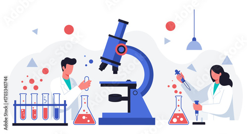 Scientists conduct research using a microscope and lab equipment.