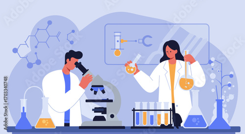 Two scientists collaborate in a laboratory, conducting experiments with beakers and a microscope.