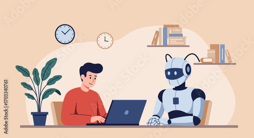 A young man and a robot working together on a laptop in a home office setting.