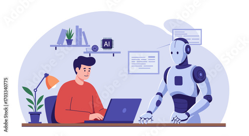 A human and a robot collaborate at a desk, working with technology and data.