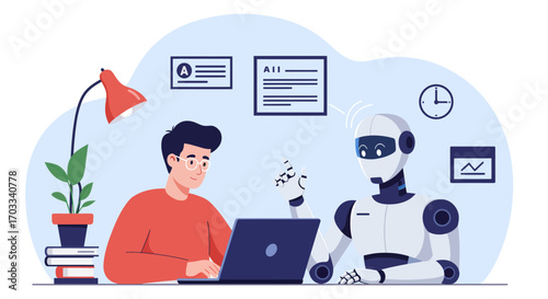 A friendly human and robot collaborate on a laptop, suggesting a future of human-robot teamwork in a modern office setting.