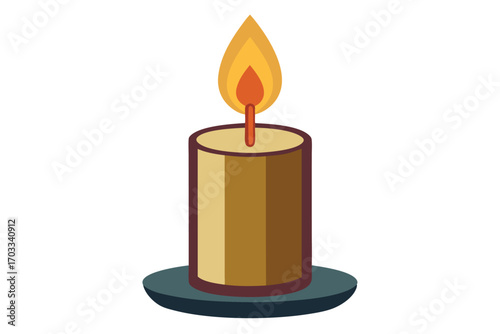 Lit candle with glowing flame sitting on its dark teal base against white