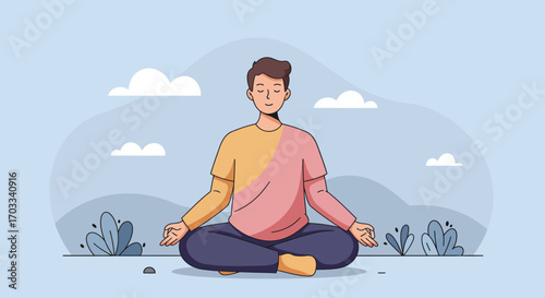 A cartoon illustration of a man meditating peacefully outdoors, surrounded by nature.