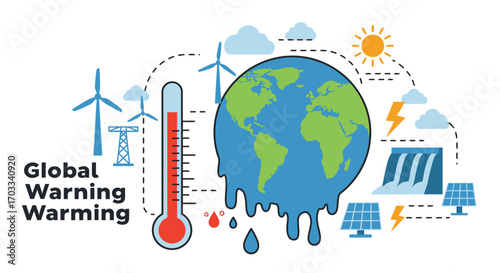 Illustration depicting global warming with a melting Earth, thermometer, renewable energy sources, and extreme weather symbols.