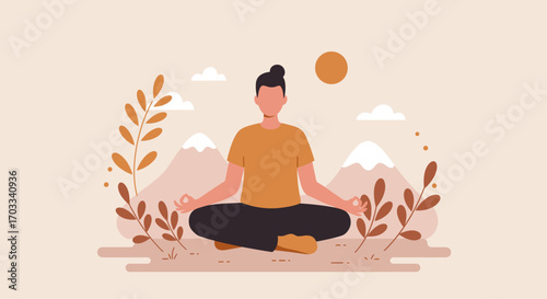 A stylized illustration of a person meditating outdoors in a lotus position with mountains, plants, and a sun in the background.